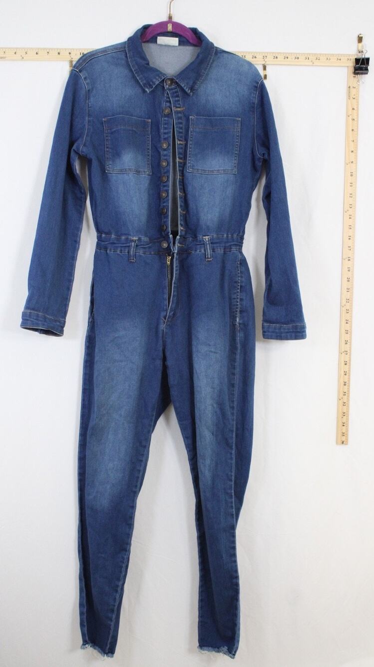 Sweet Look Women L Denim Jumpsuit Coverall Blue Long Sleeve Button Front Stretch
